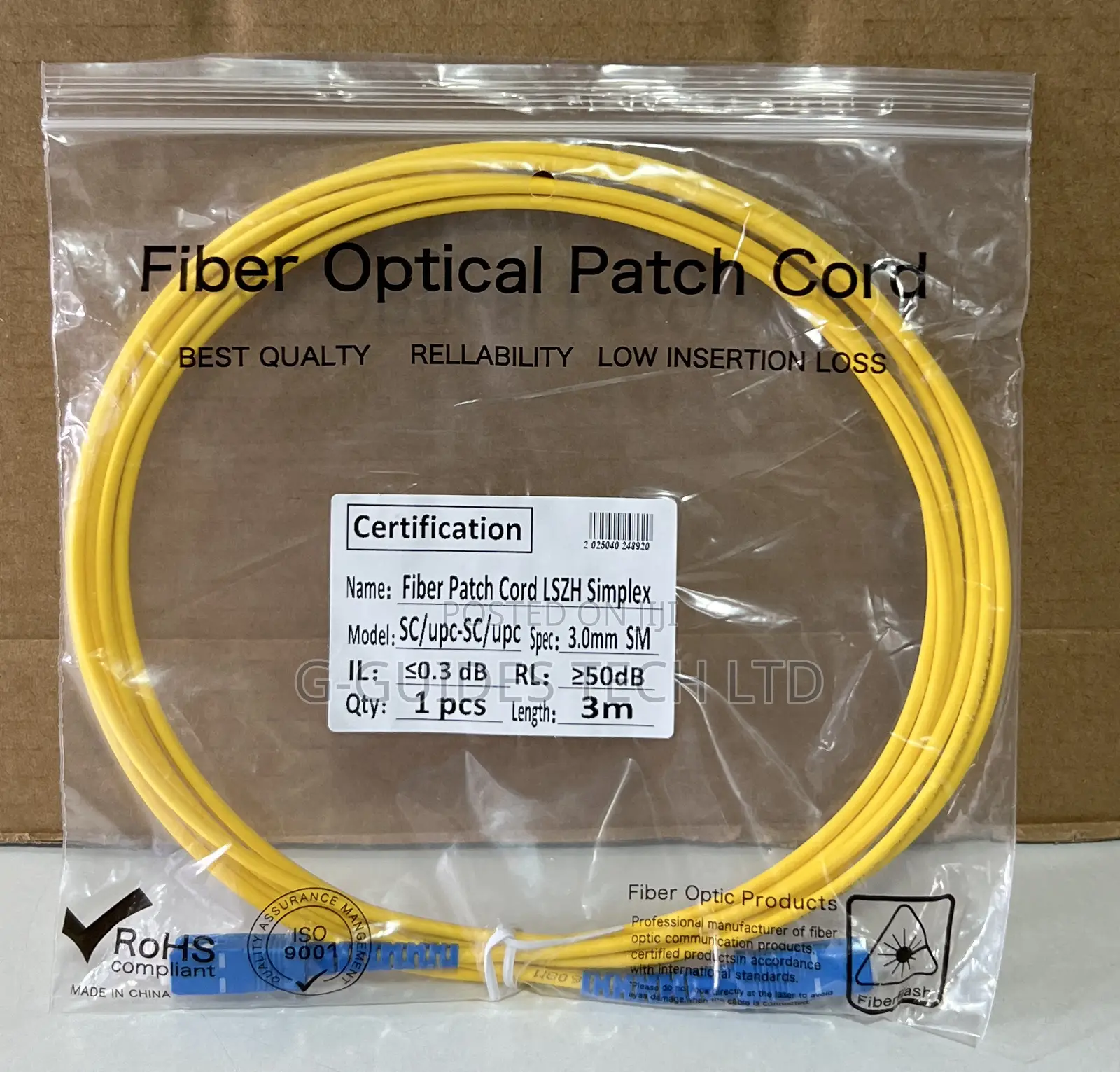 3m Sc Fiber Patch Cord Single-Mode Simplex Cable