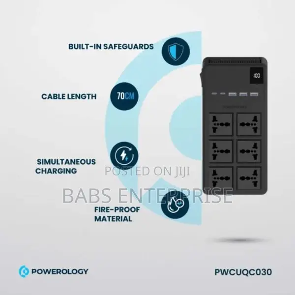 Powerology 6 Ac Power Socket With Pd20w & Qc3.0 Port With Usb-c Pd20w