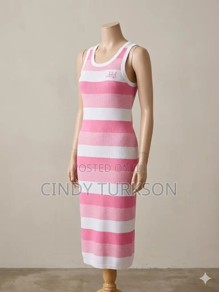 Pink White Striped Rib-Knit Tank Dress – Bodycon Midi