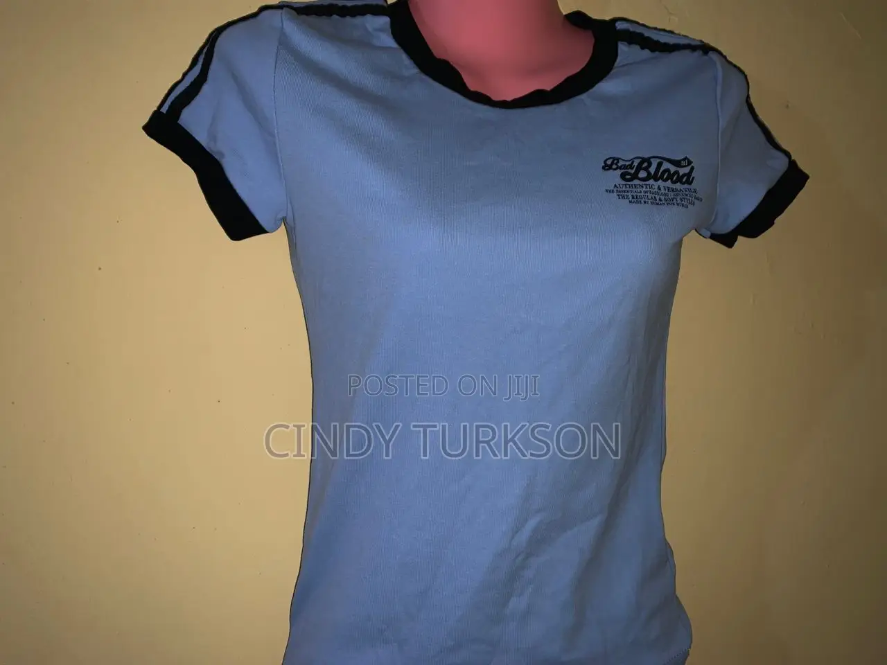 Badblood Retro Ringer Tee – Baby Blue With Scalloped Trim