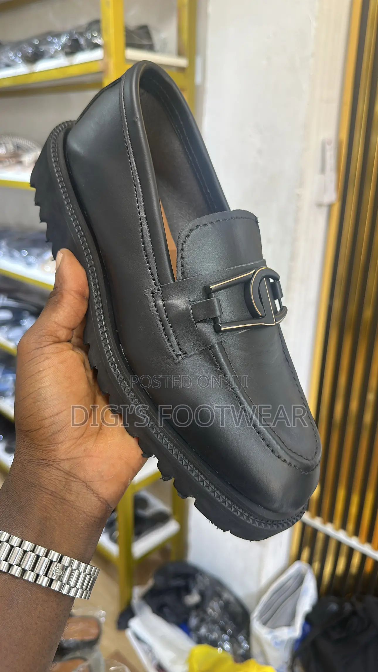 High Platform Black Leather Shoe With Unique Crown