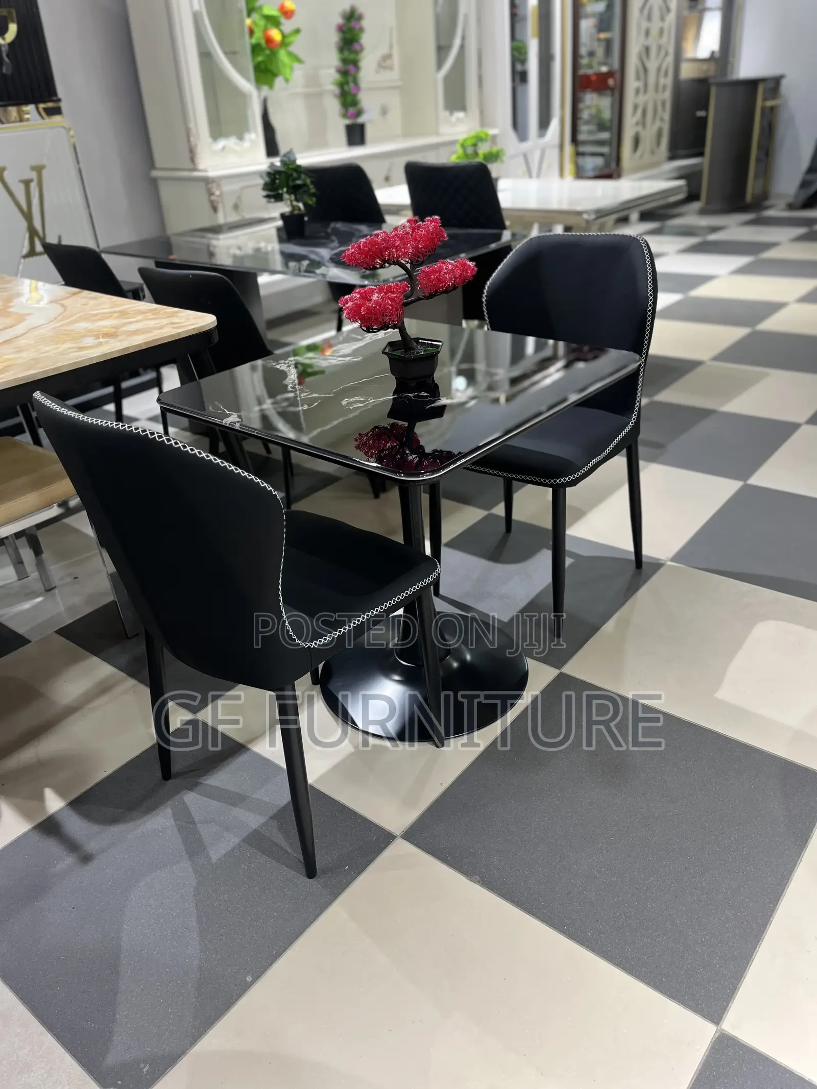Modern 2-Seater Black Marble Dining Set