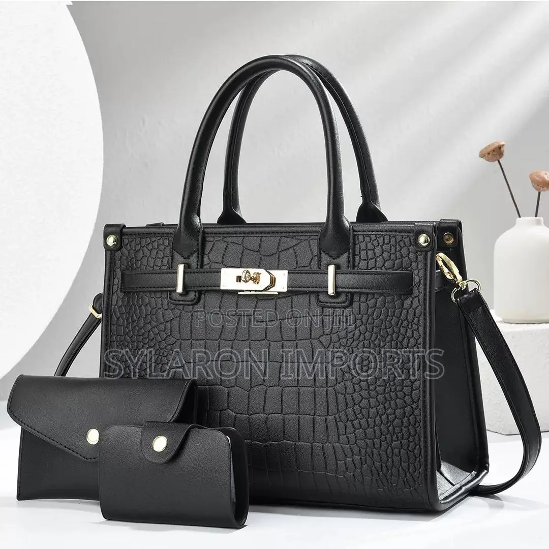 Elegant 3-in-1 Crocodile Pattern Ladies Handbag Set – Black
