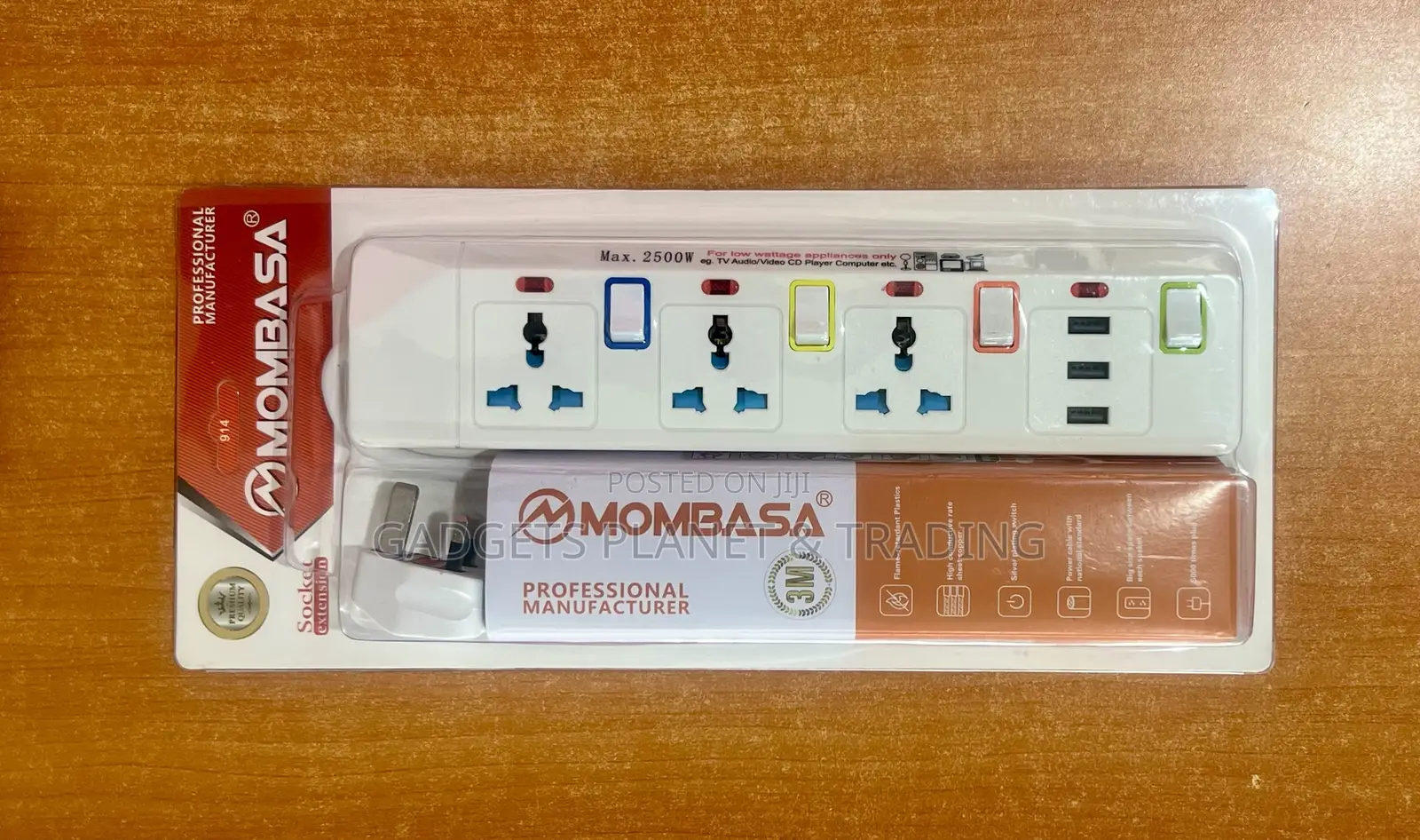 Mombasa Professional 4 Ports Extension Board With 3 Usb Ports - 2500w