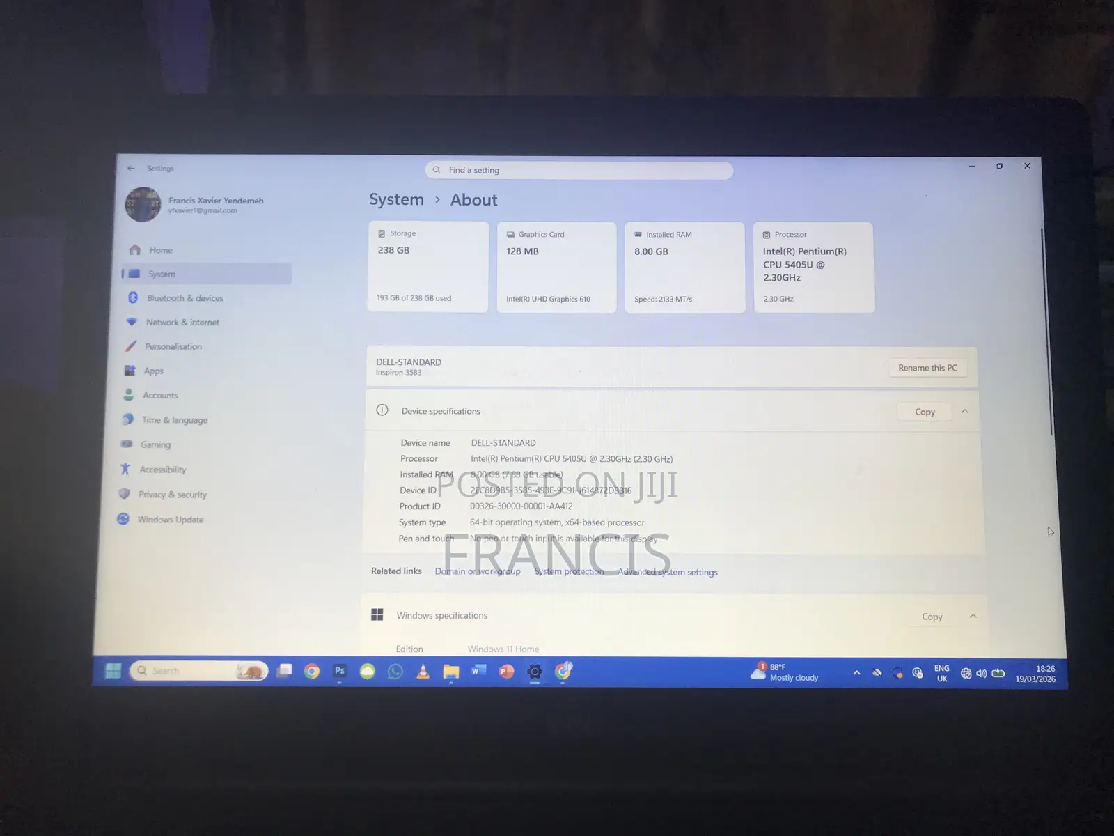 Laptop Dell Inspiron 15 8GB Intel SSD 250GB