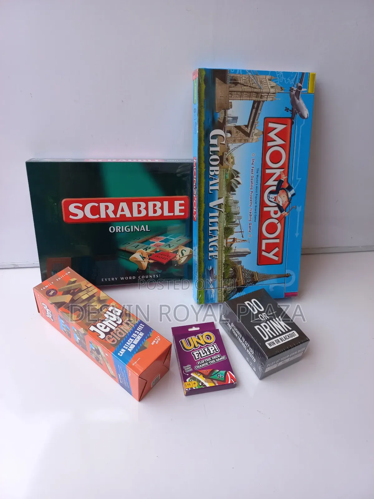 Scrabble + Monopoly + Jenga + Uno Flip + Do or Drink
