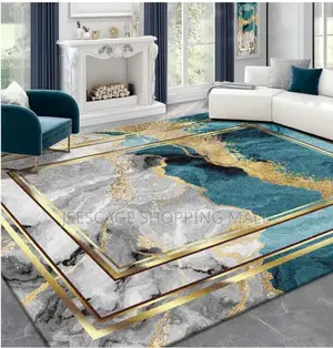 Modern Abstract Teal Grey Marble Gold Geometric Area Rug