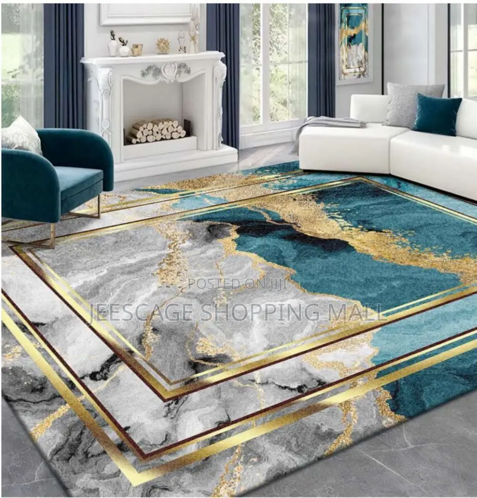 Modern Abstract Teal Grey Marble Gold Geometric Area Rug
