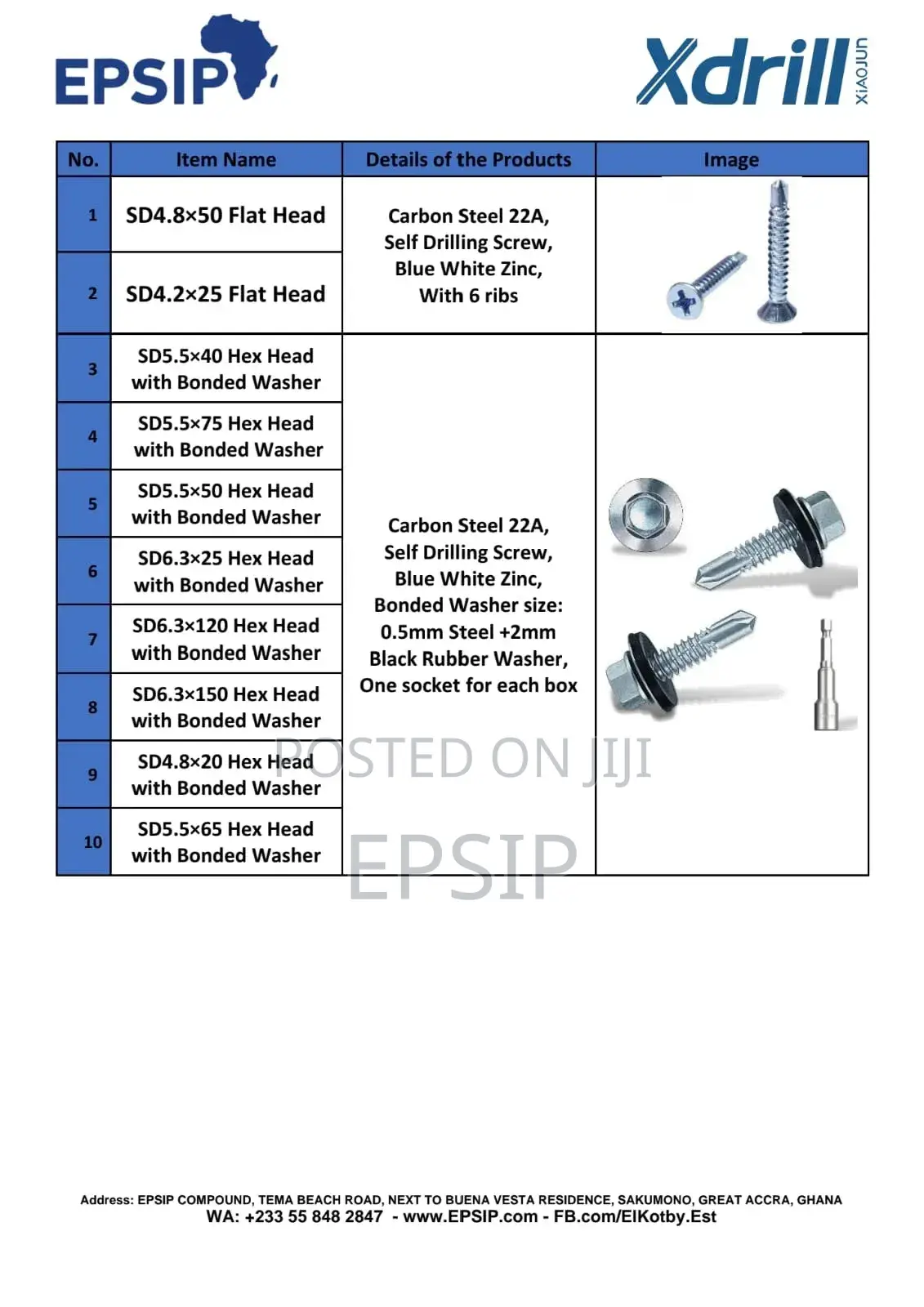 Fasteners In Ghana (Self Drilling, Self Tapping, Bolt, Nuts Washers)