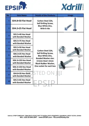 Fasteners In Ghana (Self Drilling, Self Tapping, Bolt, Nuts Washers)