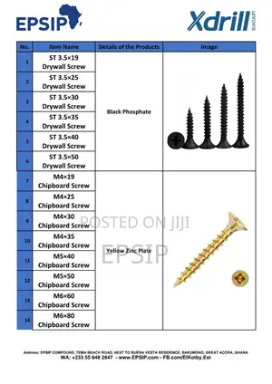 Fasteners In Ghana (Self Drilling, Self Tapping, Bolt, Nuts Washers)