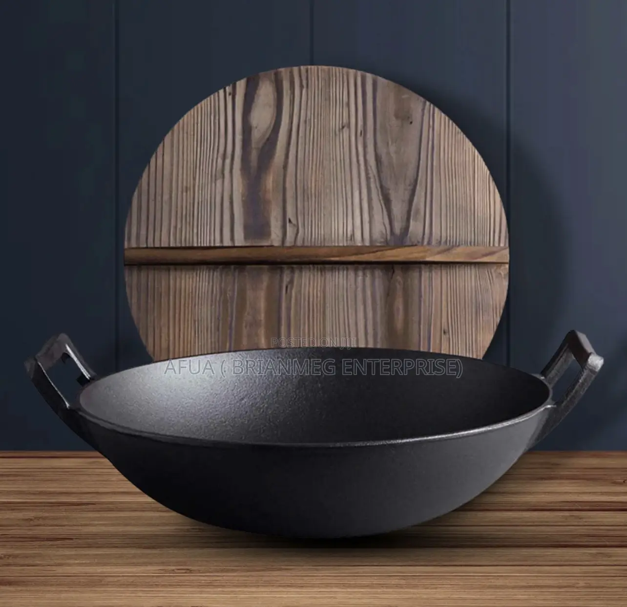 Cast Iron Wok Pan With Wooden Lid 36cm