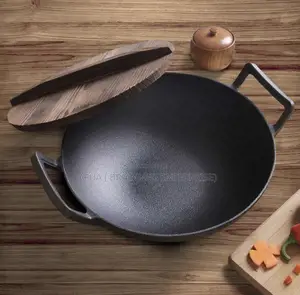 Cast Iron Wok Pan With Wooden Lid 36cm