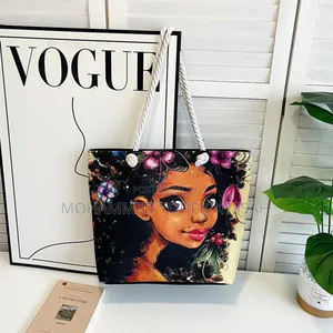 Versatile Retro Canvas Bag With Cartoon Print Large Capacity for Beach