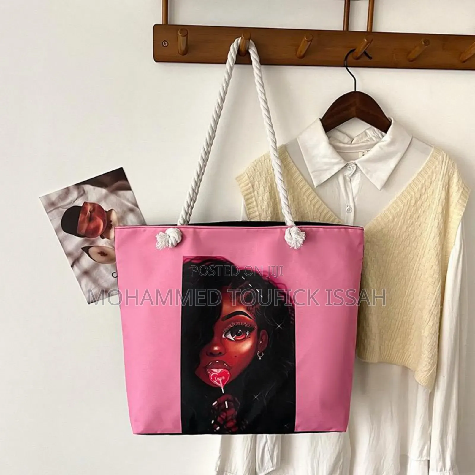 Versatile Retro Canvas Bag With Cartoon Print Large Capacity for Beach