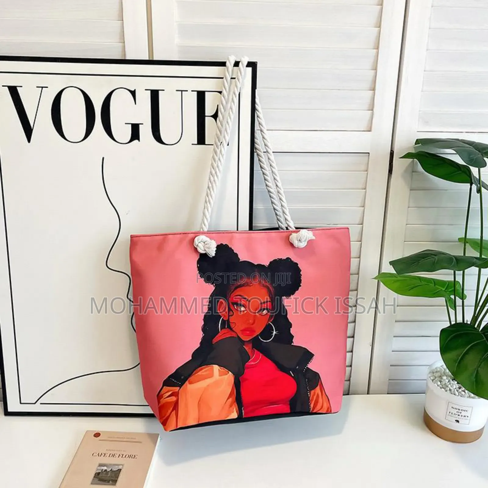 Versatile Retro Canvas Bag With Cartoon Print Large Capacity for Beach