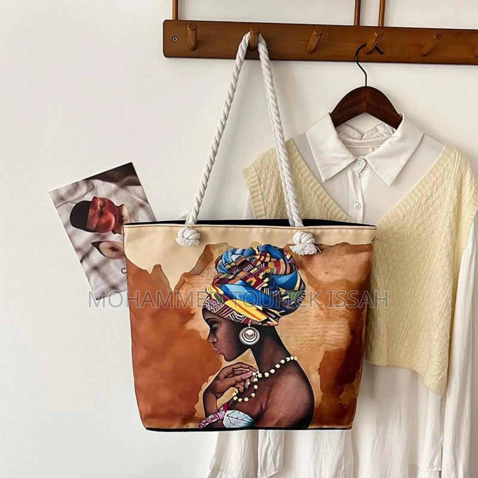 Versatile Retro Canvas Bag With Cartoon Print Large Capacity for Beach
