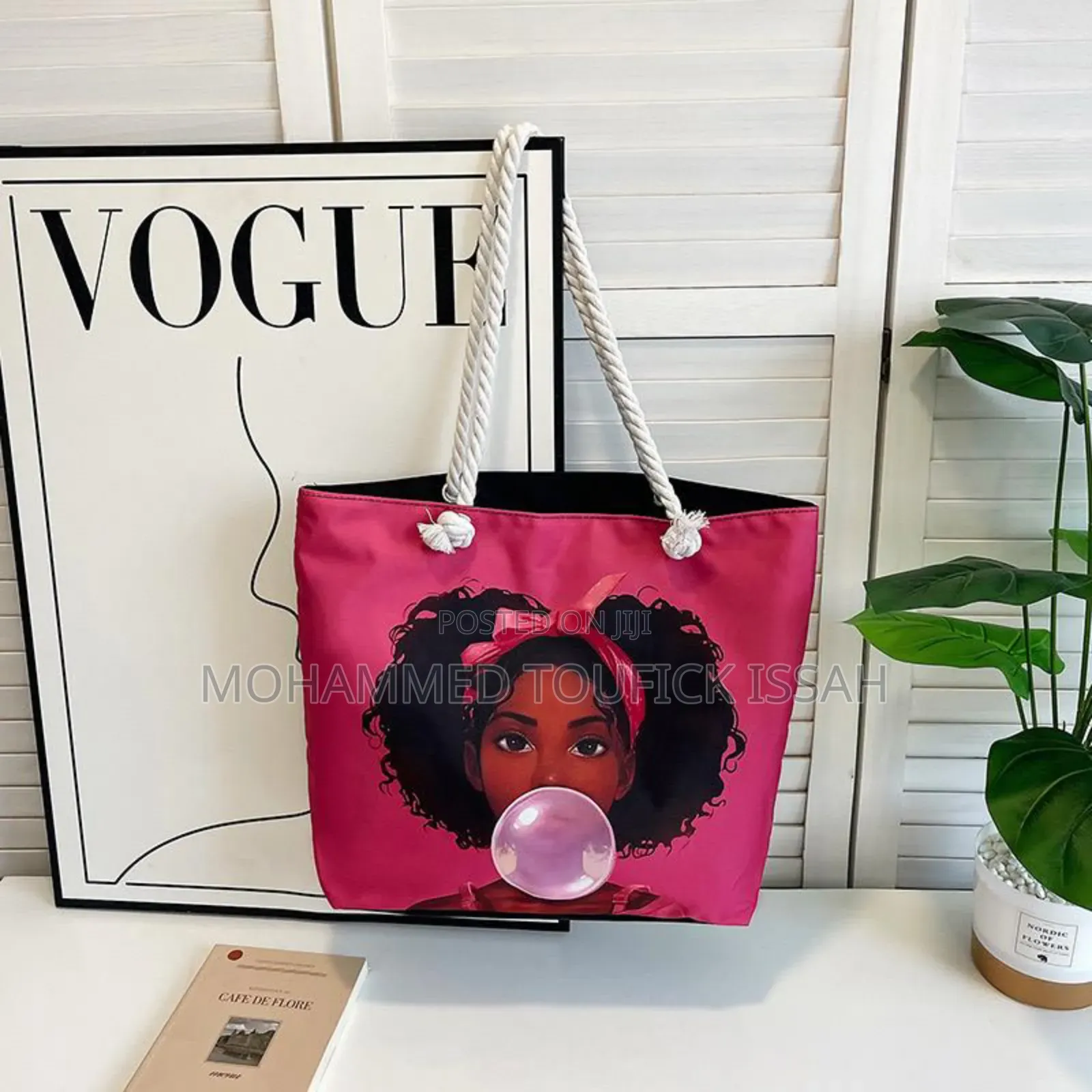 Versatile Retro Canvas Bag With Cartoon Print Large Capacity for Beach