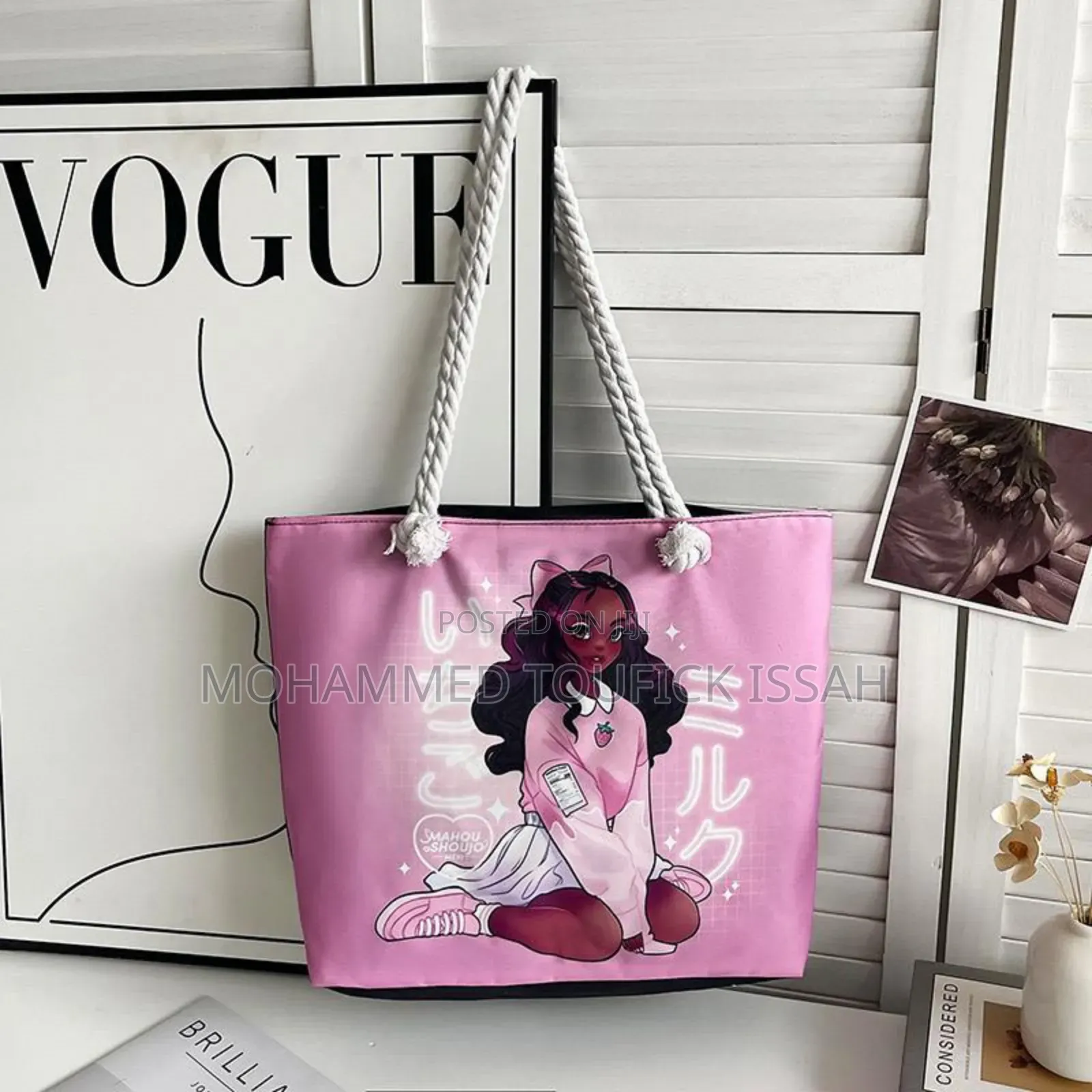 Versatile Retro Canvas Bag With Cartoon Print Large Capacity for Beach