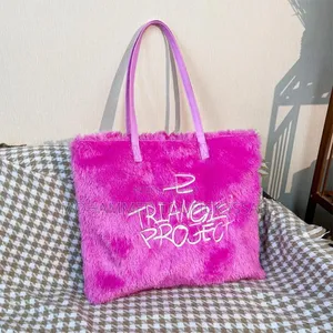 Fashion Handbag, Tote Bag, Pink Embroidered Plush Crossbody Large Bag