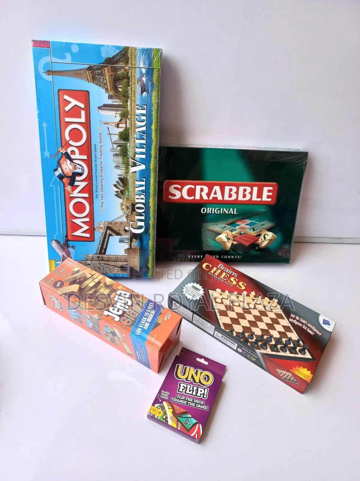 Chess + Scrabble + Jenga + Monopoly + Uno Flip