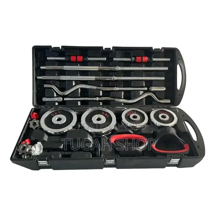 55kg 4in1 Adjustable Dumbbell, Kettlebell, Curve Bar Set