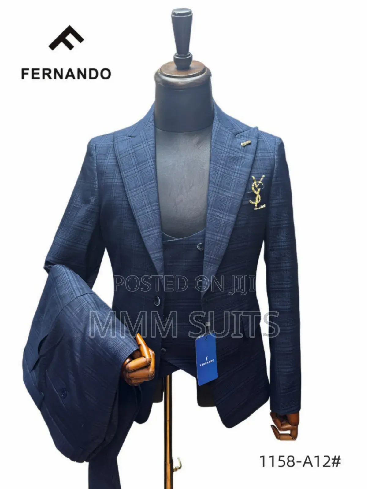 Quality 3-Piece Men Checked Suit Melano Navy Blue in All Sizes