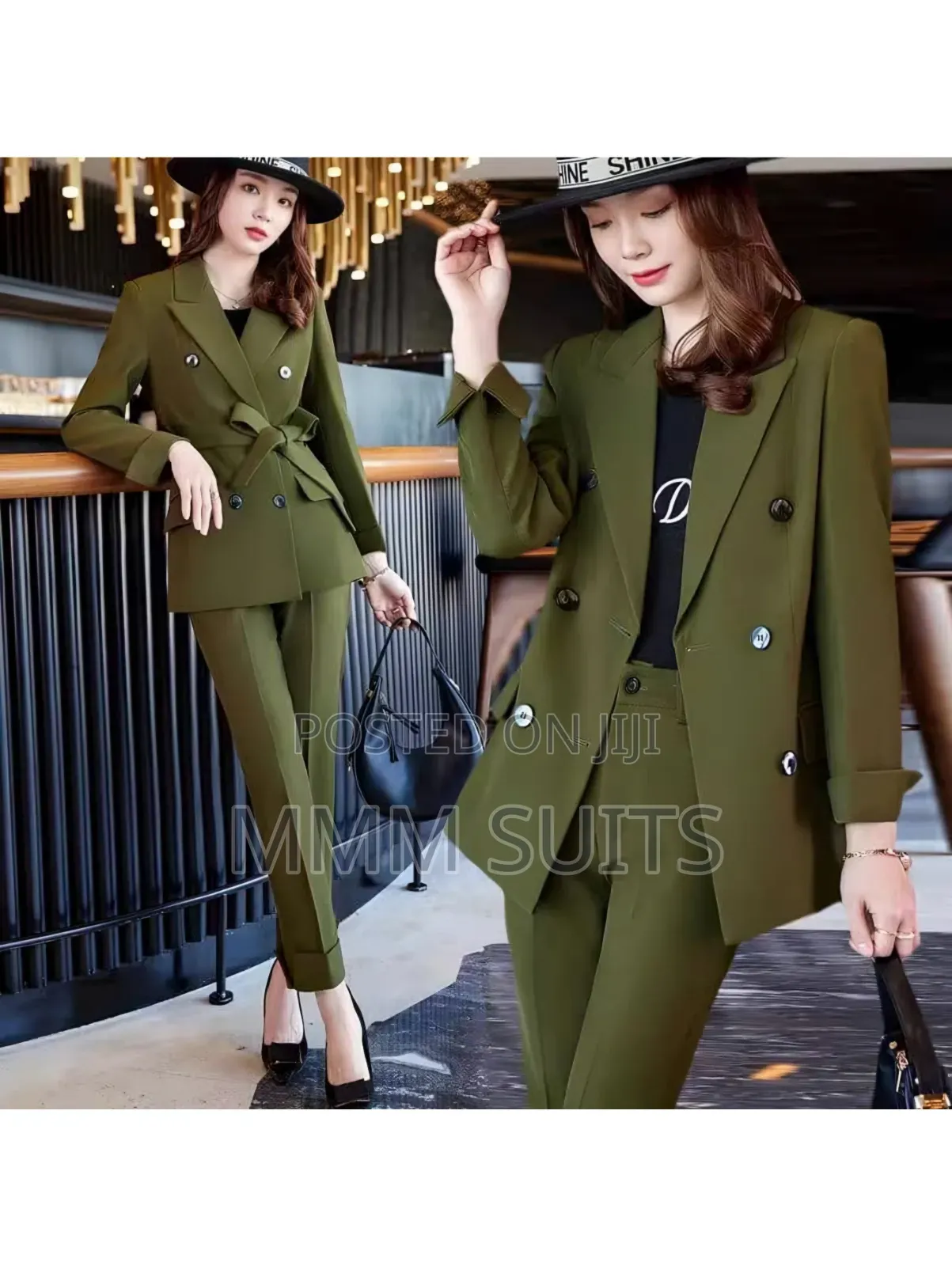 Quality 2-Piece Doublebreasted Ladies Trousers Suit and Belt in Green