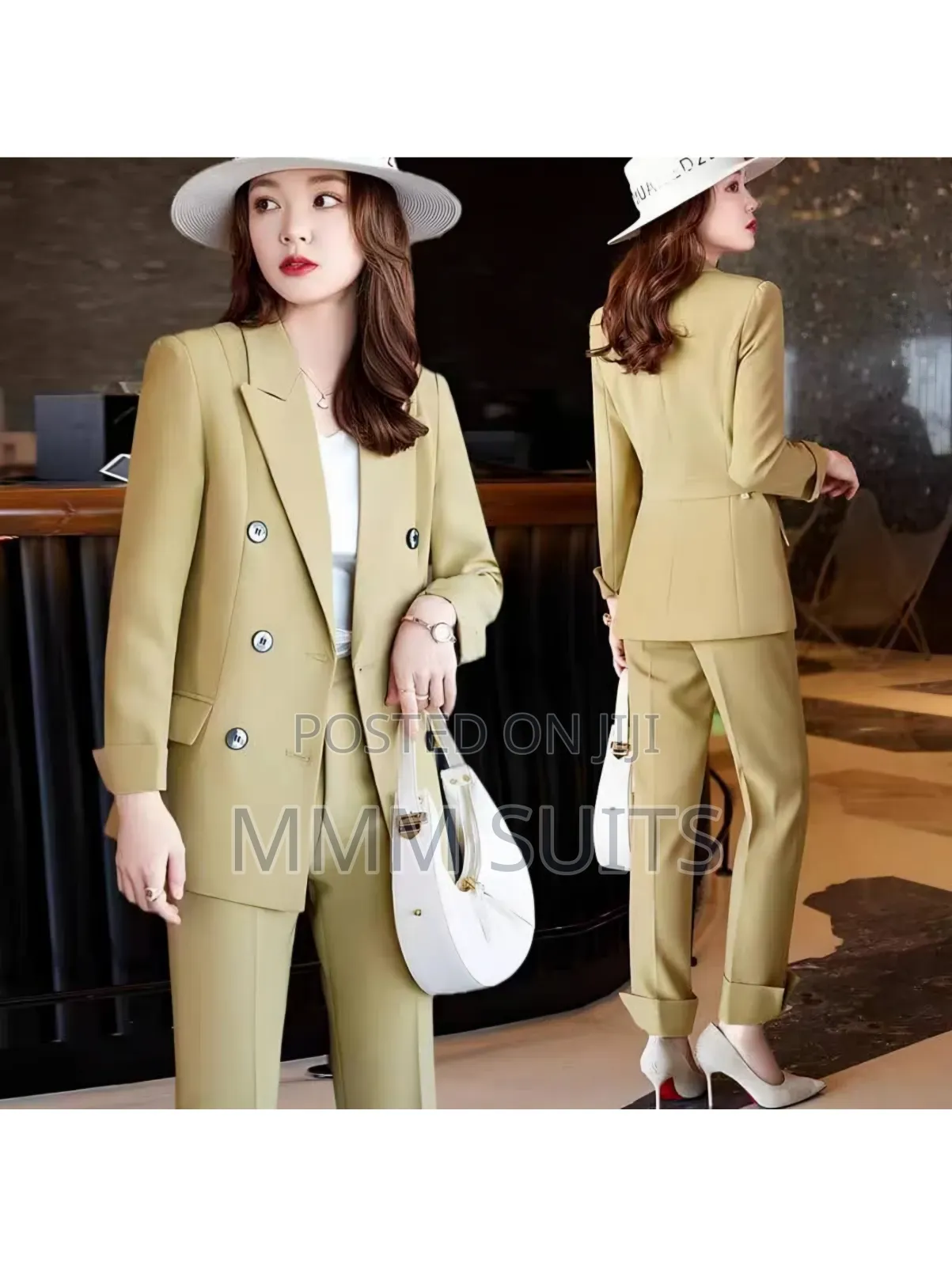 Corporate 2-Piece Double-Breasted Ladies Trousers Suit With Belt