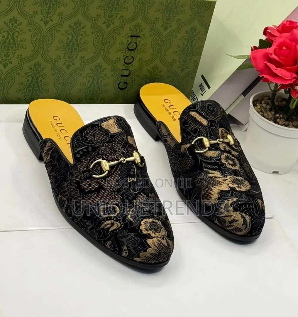 Gucci Black and Gold Floral Patterned Half Shoe