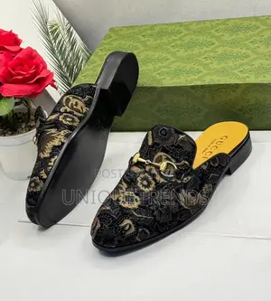 Gucci Black and Gold Floral Patterned Half Shoe