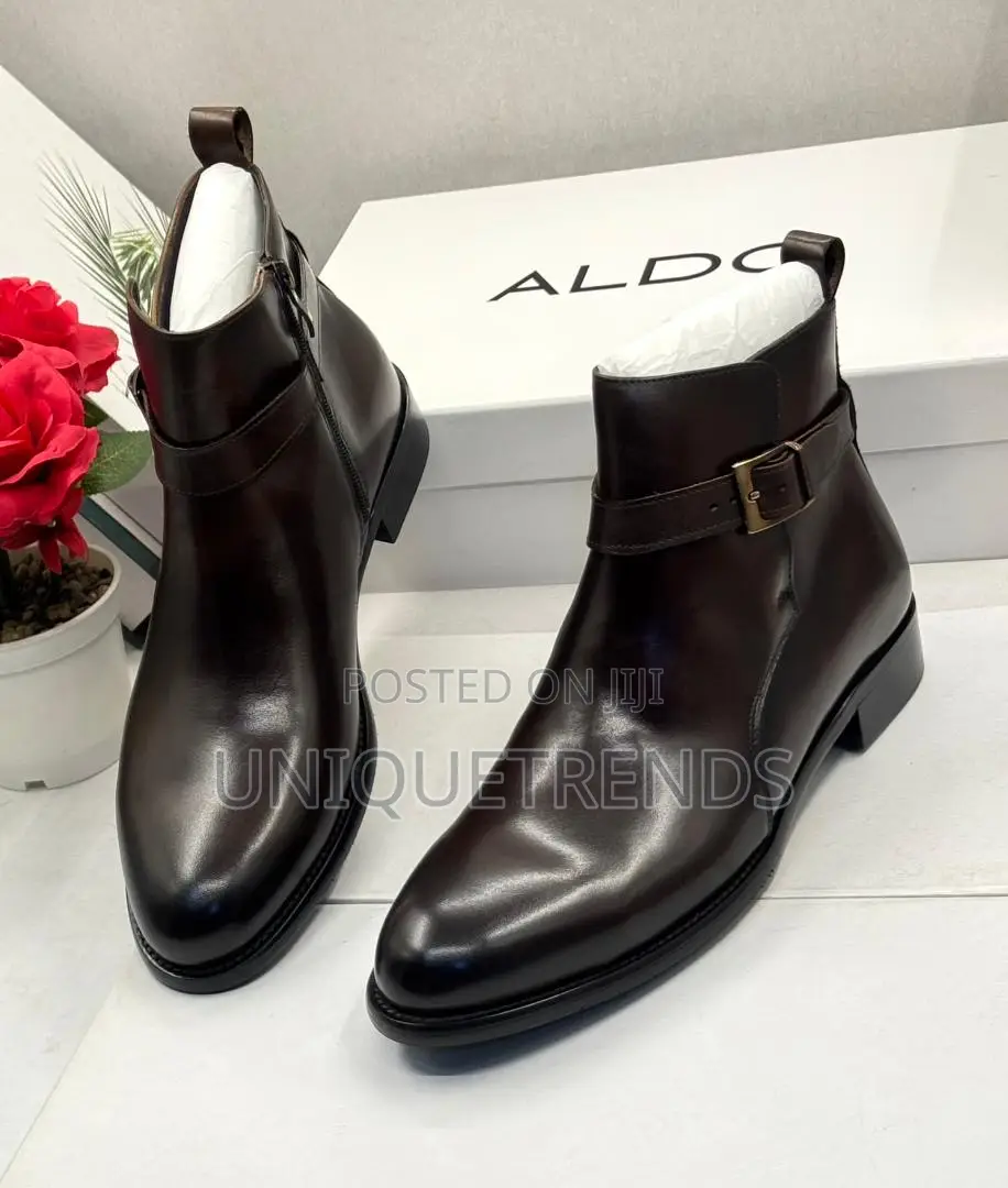 Aldo Leather Buckle Strap Chelsea Boots (Coffee)