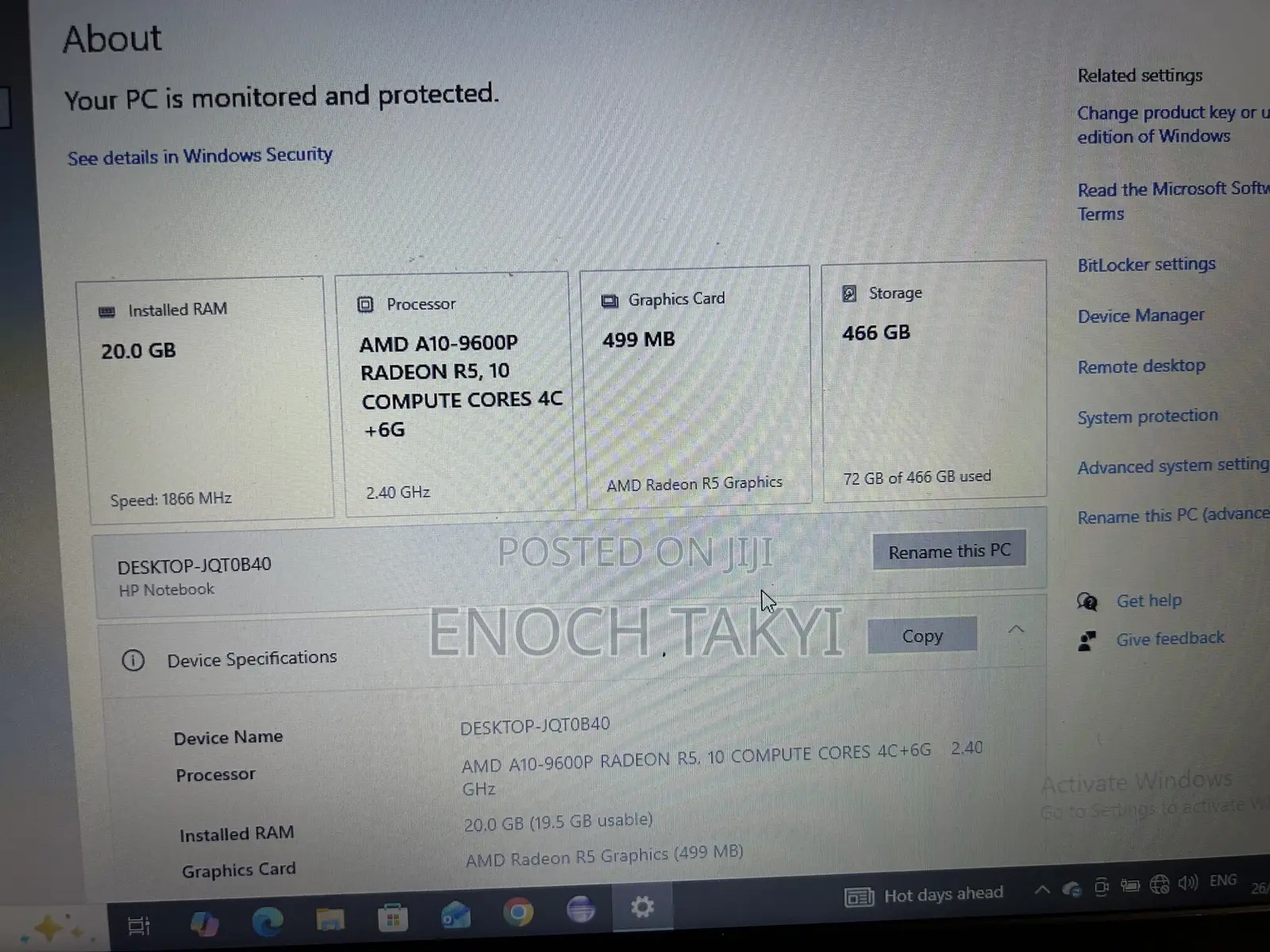 Laptop HP 20GB AMD A10 HDD 500GB