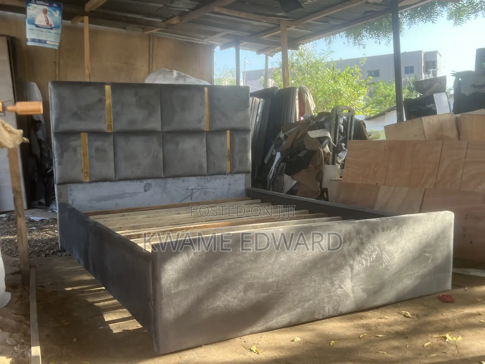 Gray Color Double Bed Frame With Gold Design Available