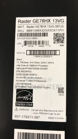 New Laptop MSI Raider GE78 32GB Intel Core i9 SSD 2T