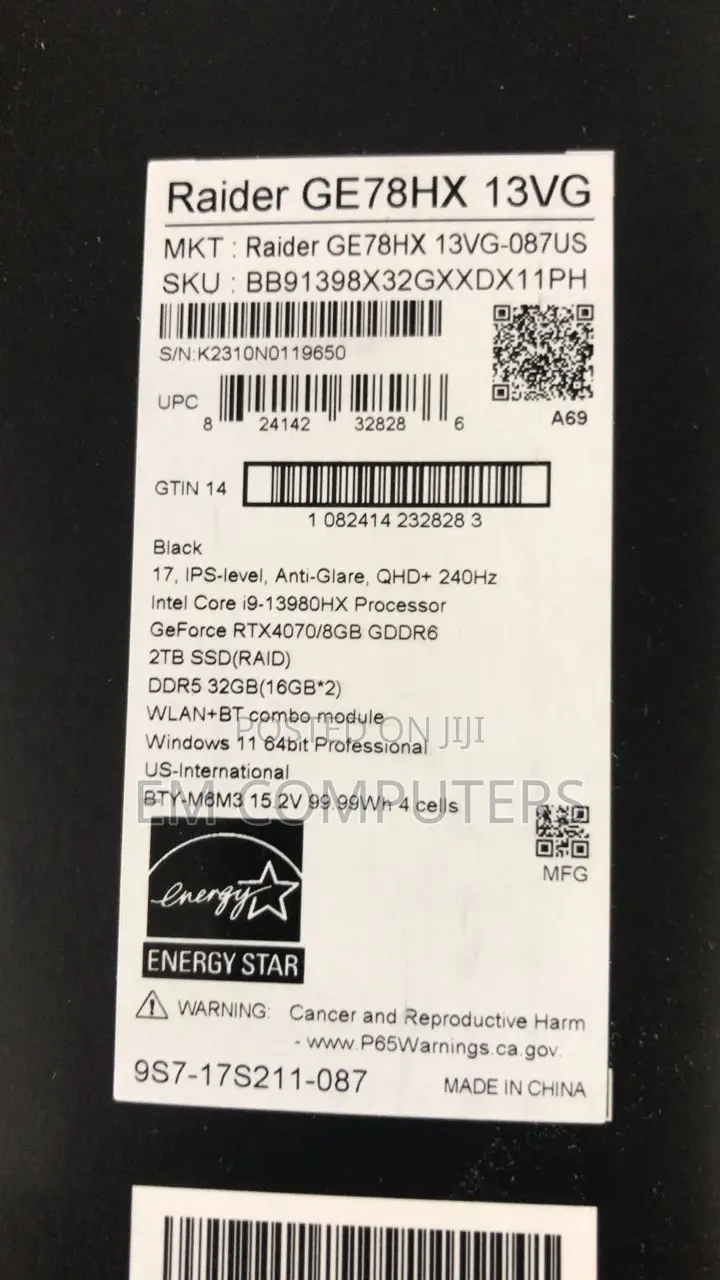 New Laptop MSI Raider GE78 32GB Intel Core i9 SSD 2T