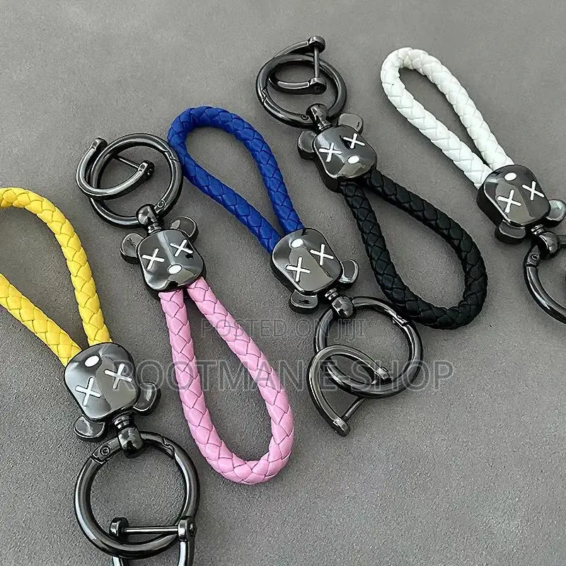 Braided Leather Keychain With a Teddy Bear Head for Car and Bag Keys