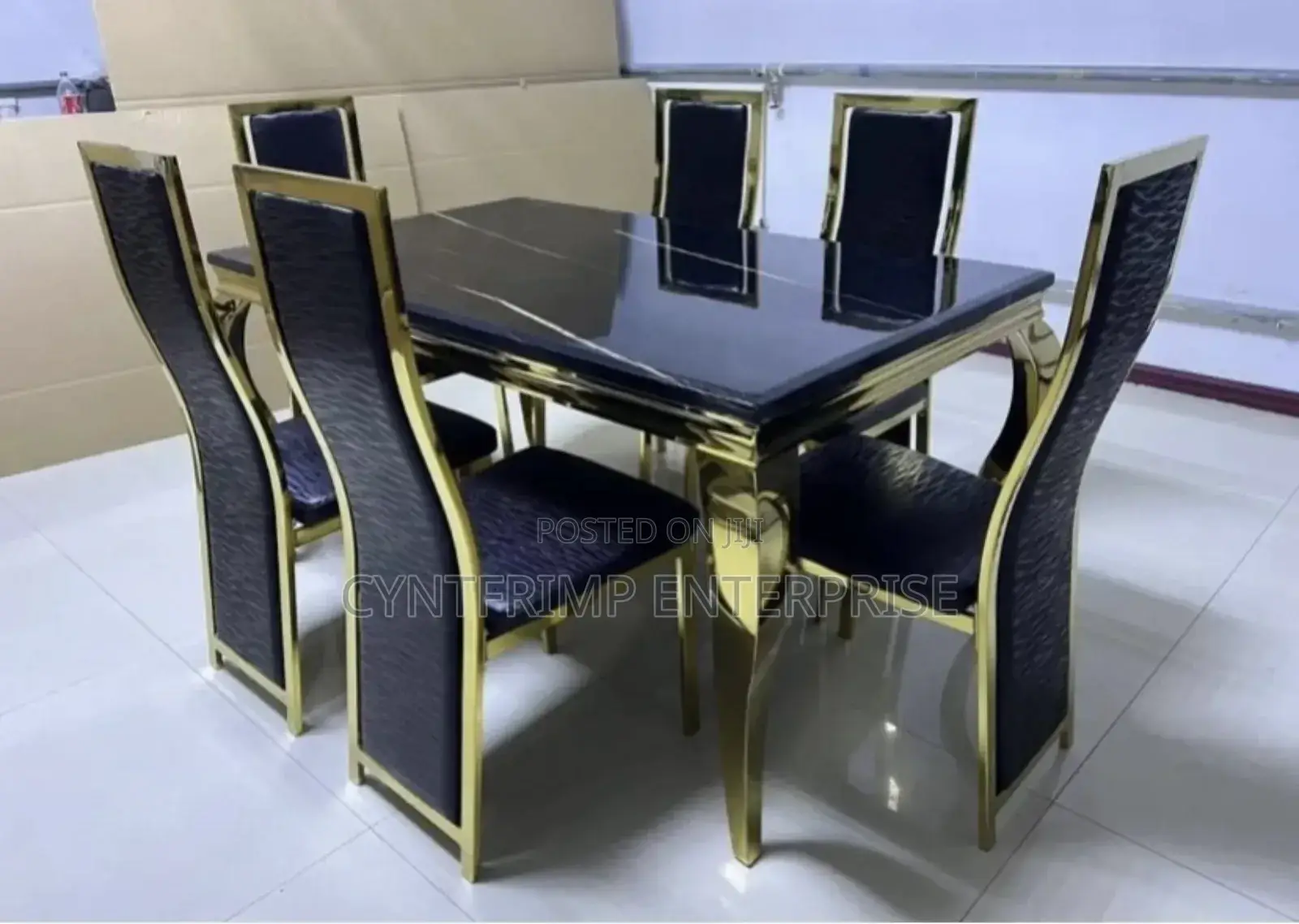 6-Seater Black and Gold Marble Dining Set