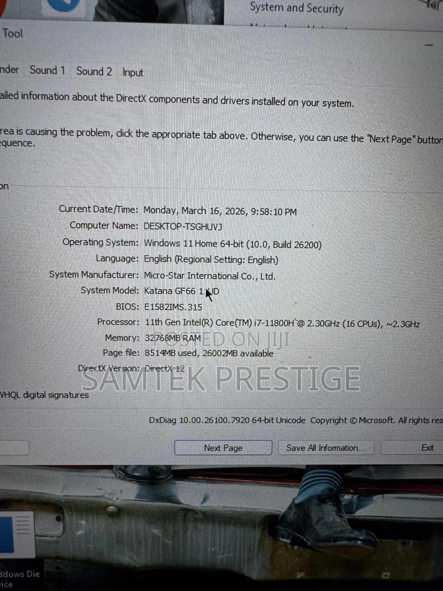 Laptop MSI Katana GF66 32GB Intel Core i7 HDD+SSD 1T