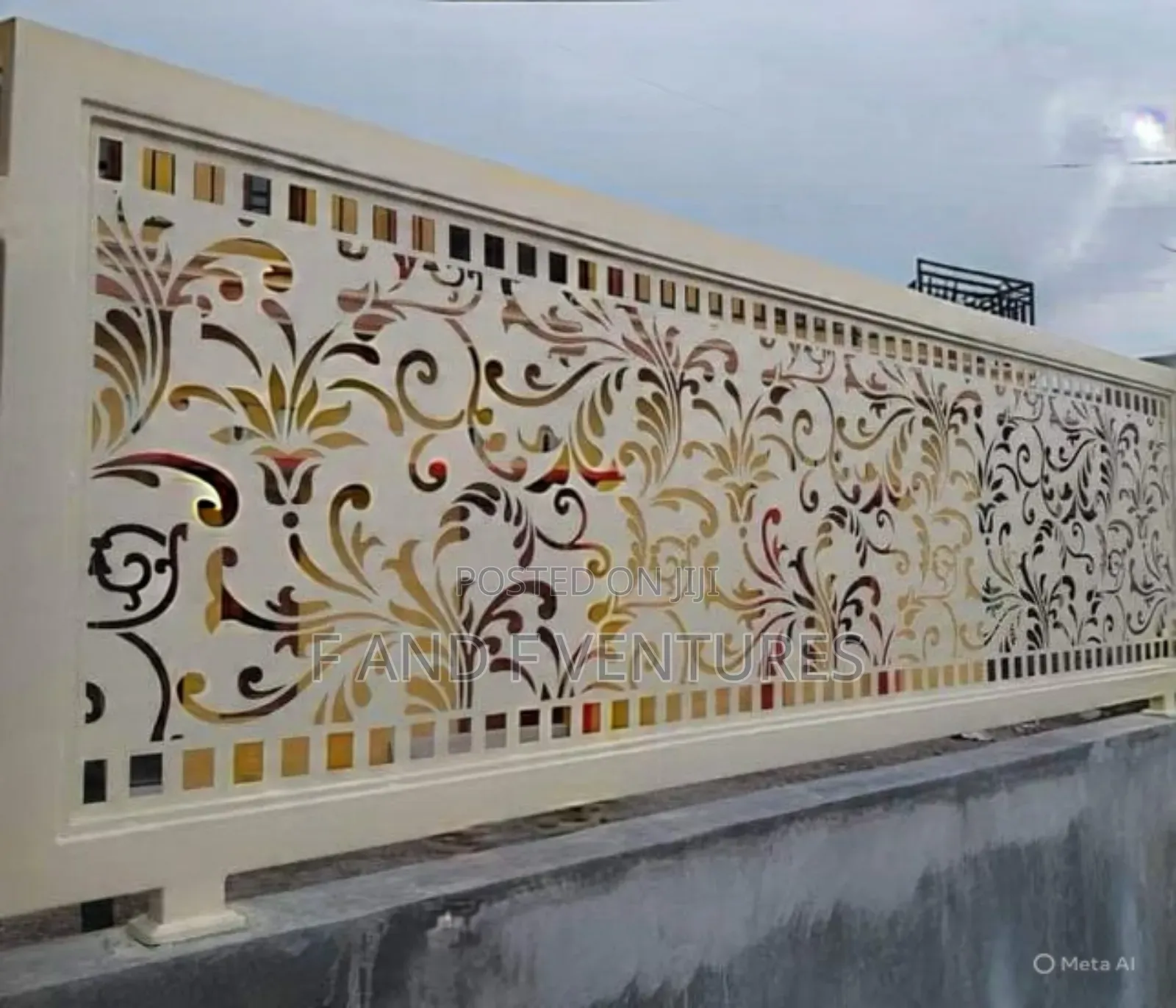 Galvanised Steel Fence Panel – Cream Floral Greek‐Key Design