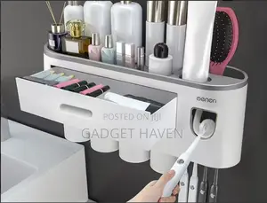 Toothbrush Holder With 4 Cups, Large Capacity Tray, 2 Cosmetic Drawers