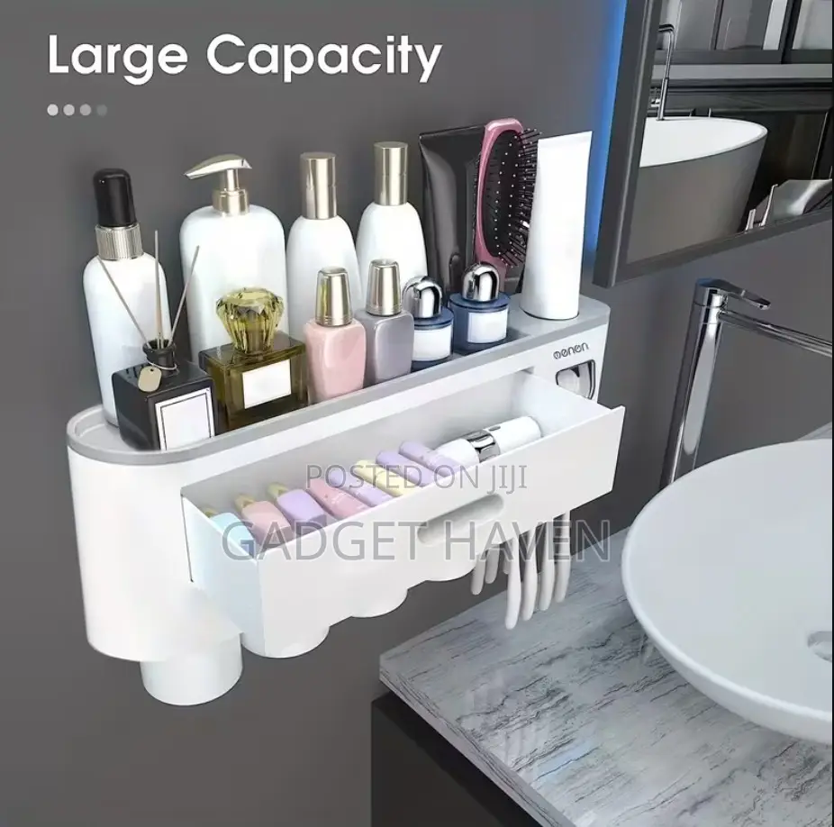 Toothbrush Holder With 4 Cups, Large Capacity Tray, 2 Cosmetic Drawers