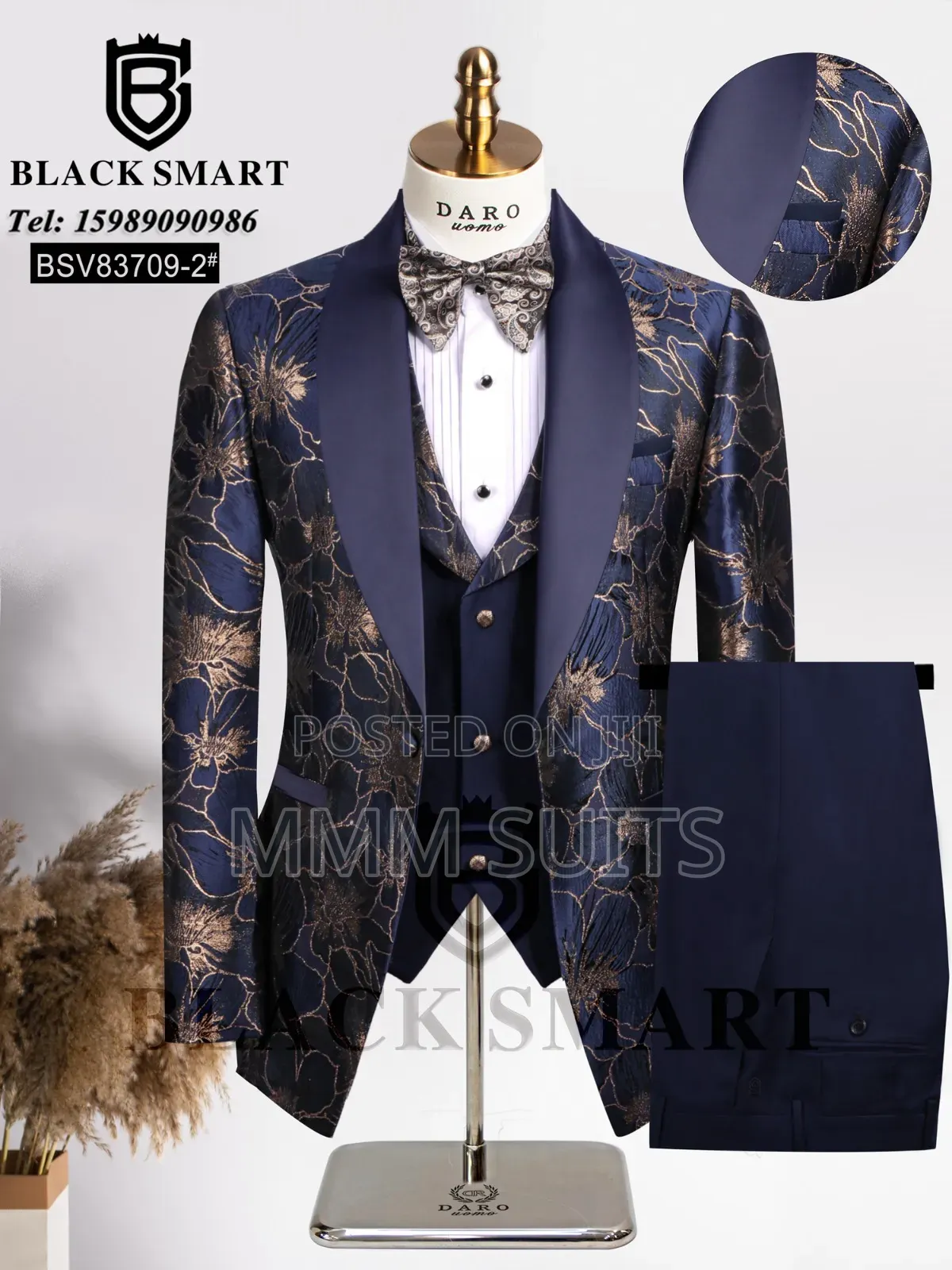 Elegant 3-Piece Turkish Designer Men's Suit in Blue-Black in All Sizes