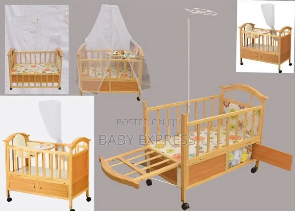 Multifunctional Wooden Baby Cot With Mosquito Net and Under Storage