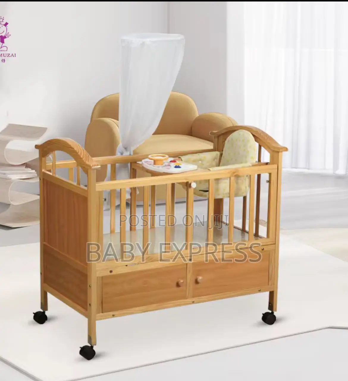 Multifunctional Wooden Baby Cot With Mosquito Net and Under Storage