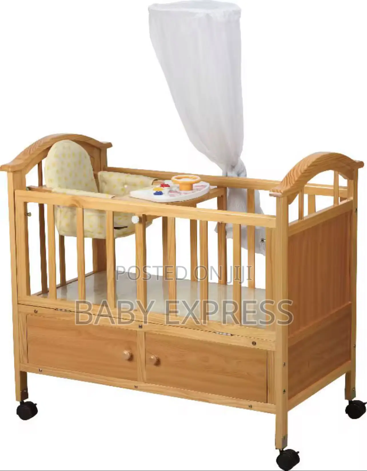 Multifunctional Wooden Baby Cot With Mosquito Net and Under Storage
