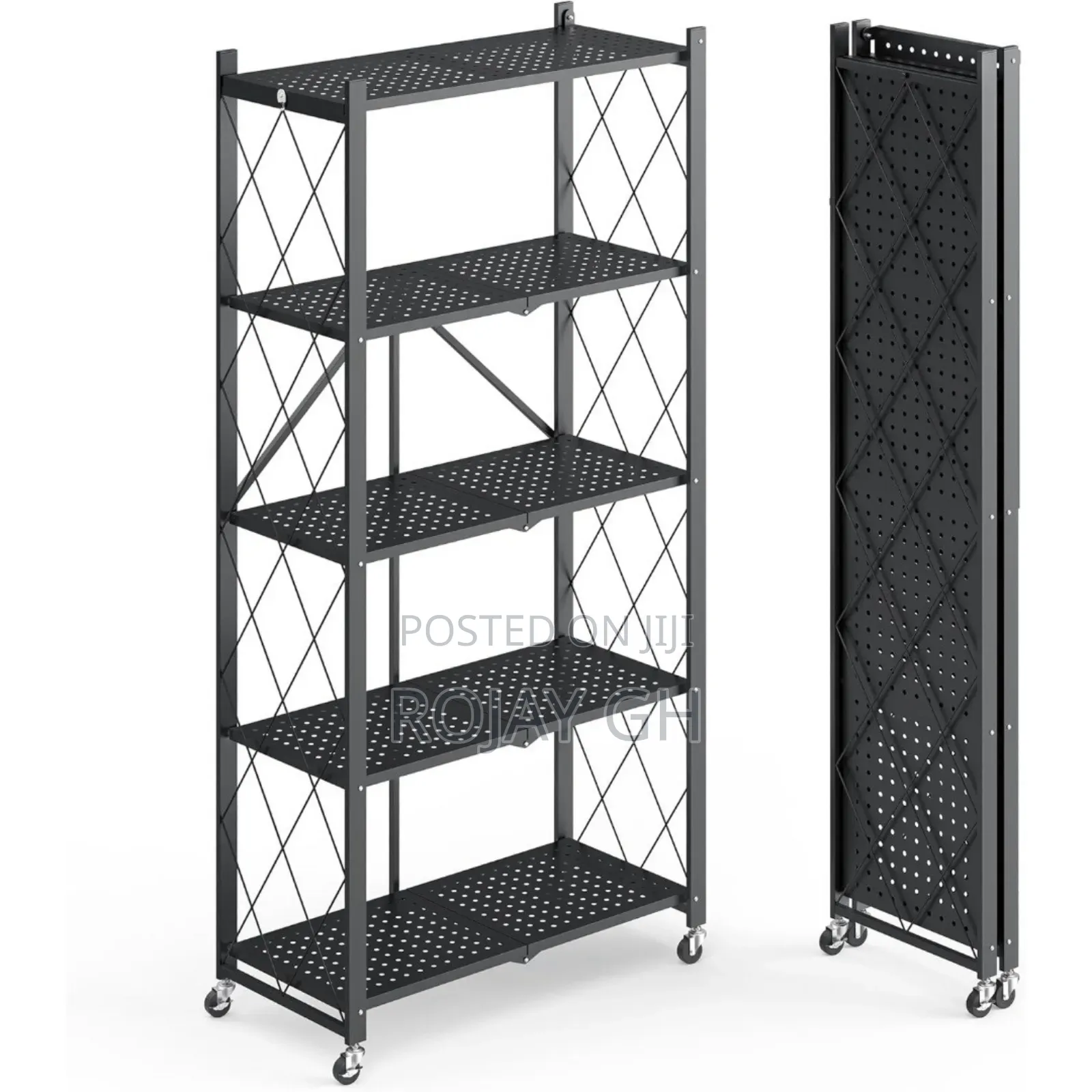5-Tier Heavy Foldable Storage/Kitchen Duty Rack With Wheels - Black