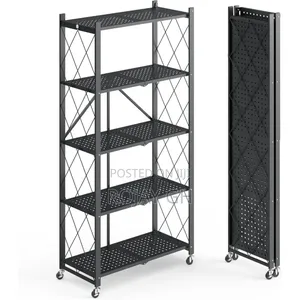 5-Tier Heavy Foldable Storage/Kitchen Duty Rack With Wheels - Black