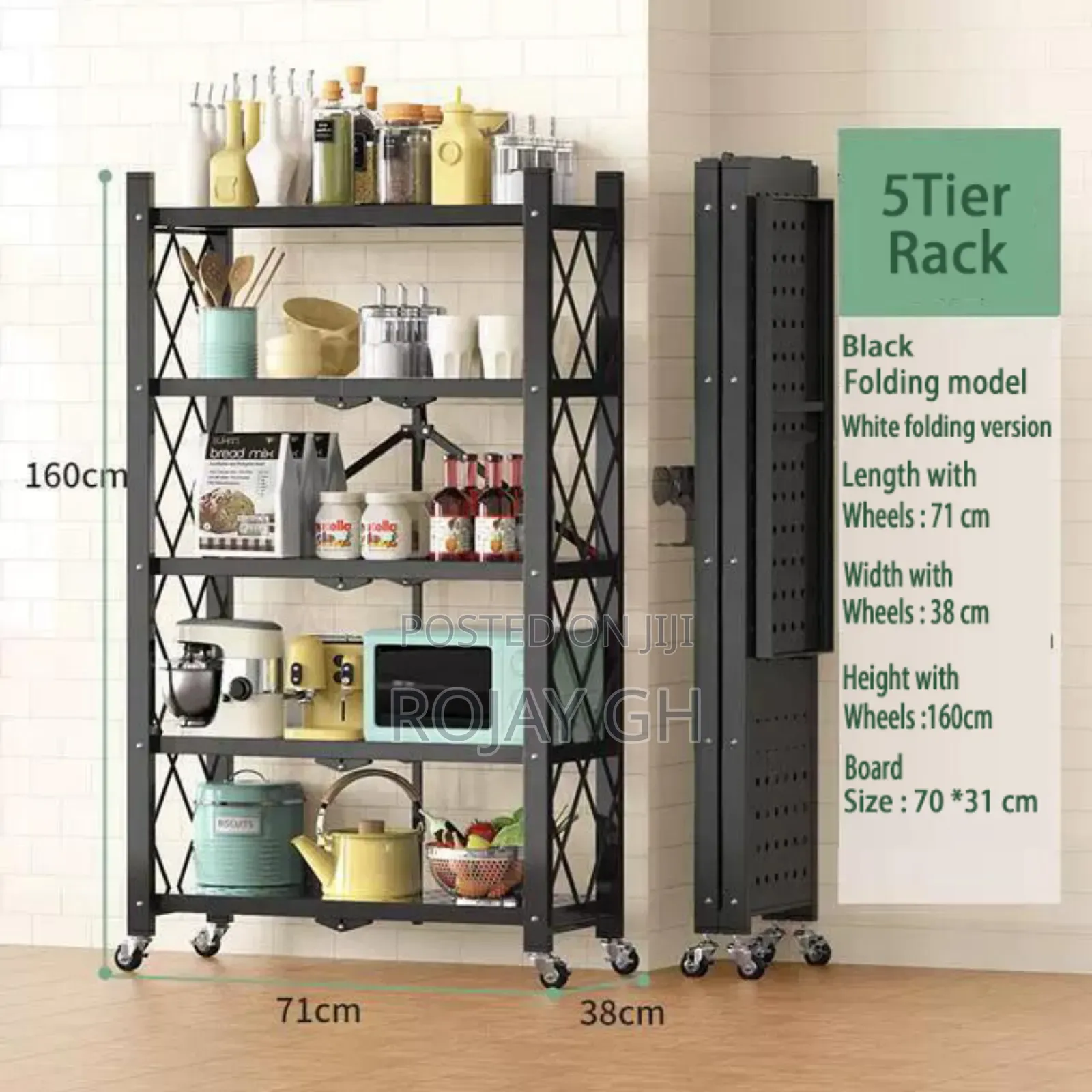 5-Tier Heavy Foldable Storage/Kitchen Duty Rack With Wheels - Black