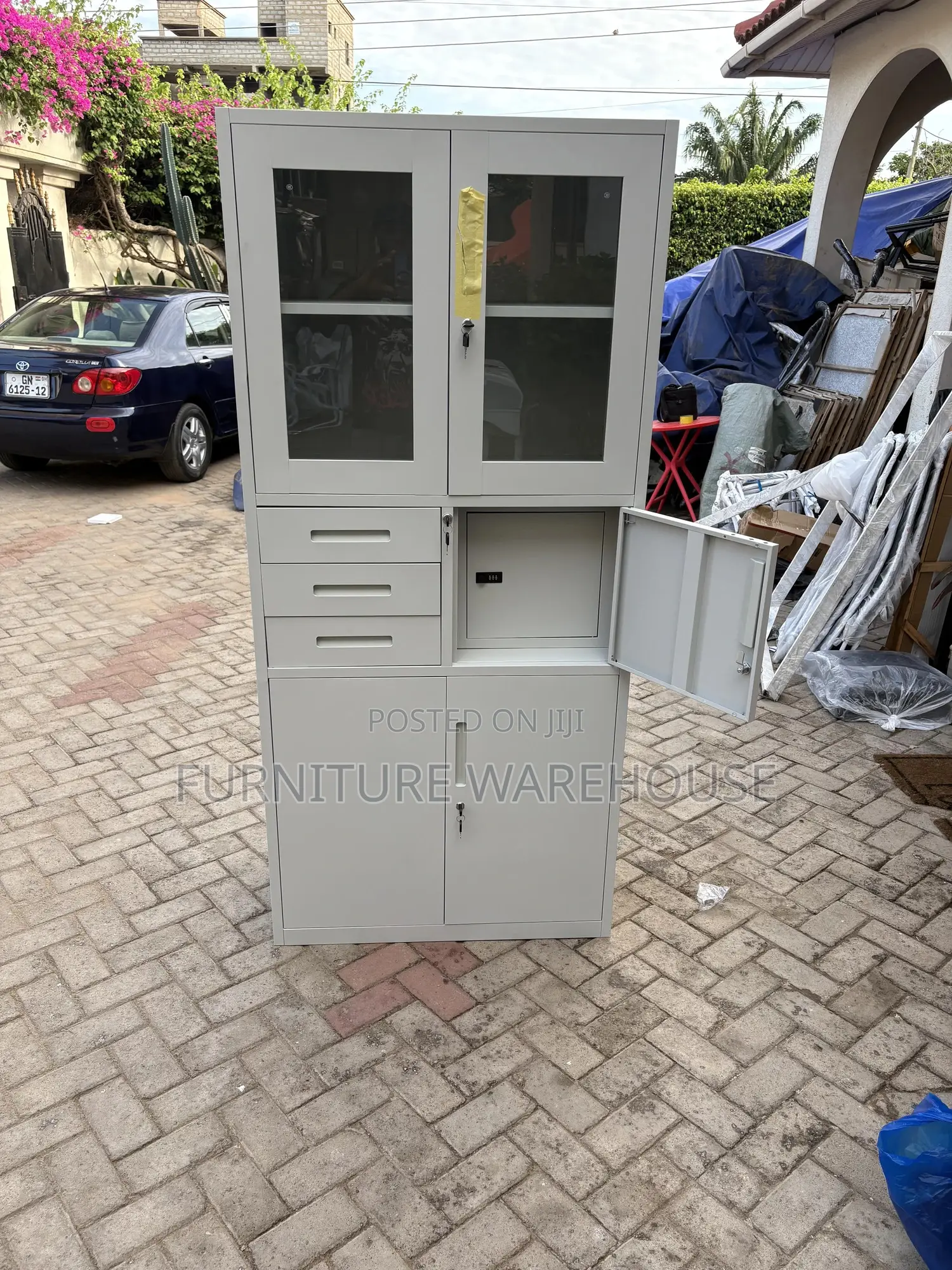 Modern White Steel Filing Cabinet With Safe And Adjustable Shelves